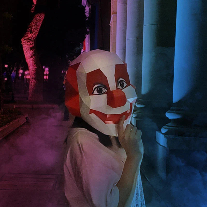 Handmade cardboard Smiling Scary Clown Cosplay Prop with unsettling features for Halloween decorations and costumes