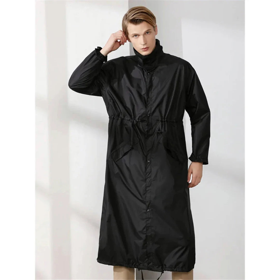 Men's long waterproof raincoat in light green color, made of high-quality Polyester Pongee fabric for durable, breathable, and weather-resistant performance.