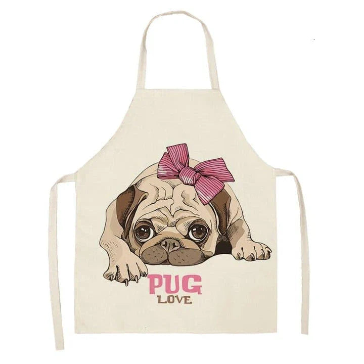 Charming pug-themed apron with a vibrant print, made of durable cotton and linen materials for practical kitchen use.