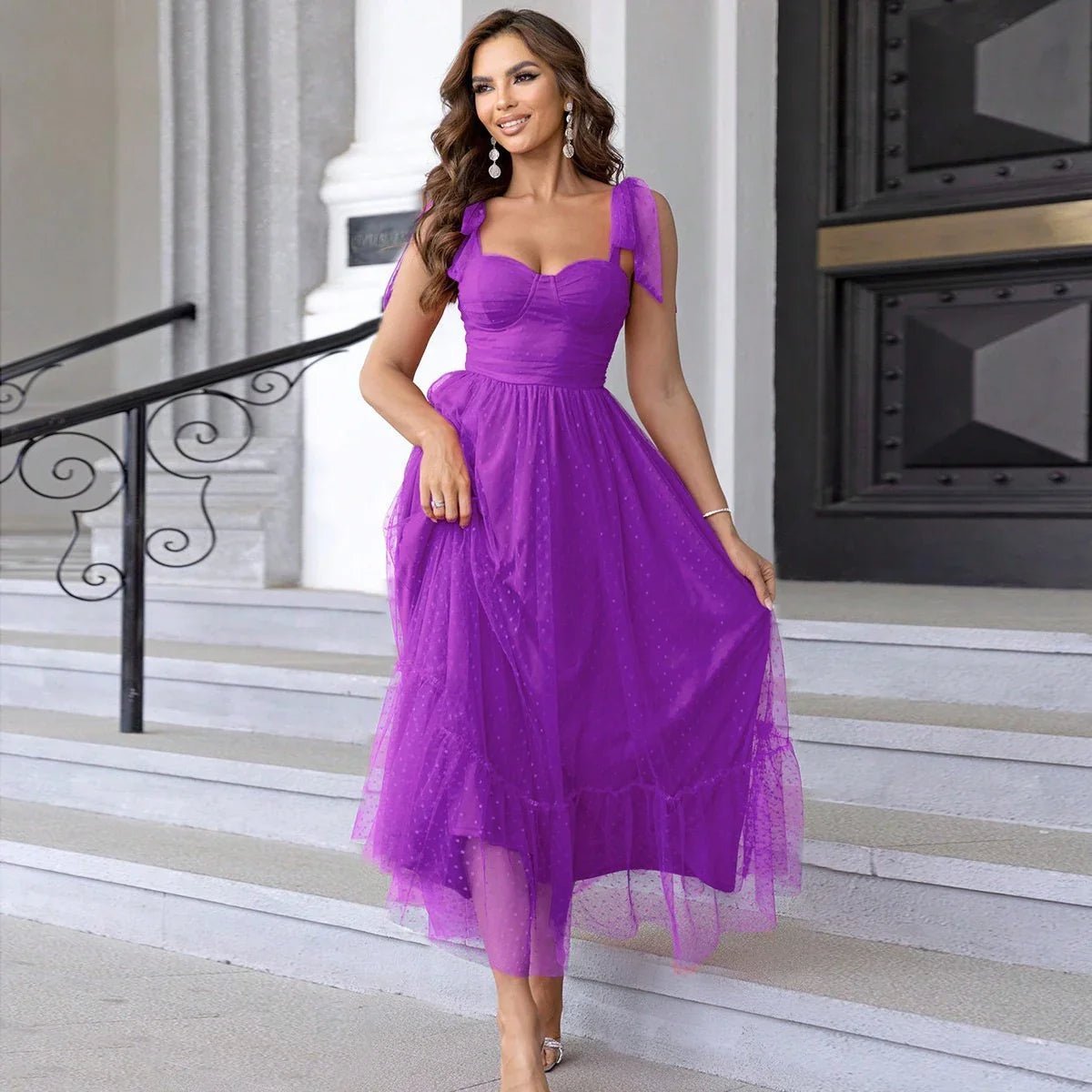 Fairy-inspired dress with mid-length silhouette, lace-up details, and luxurious polyester fabric