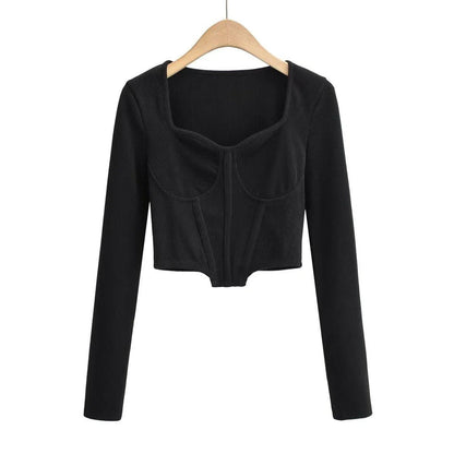A stylish slim-fit short autumn top with an open waist design, made of premium polyester fabric with long sleeves and a square collar.