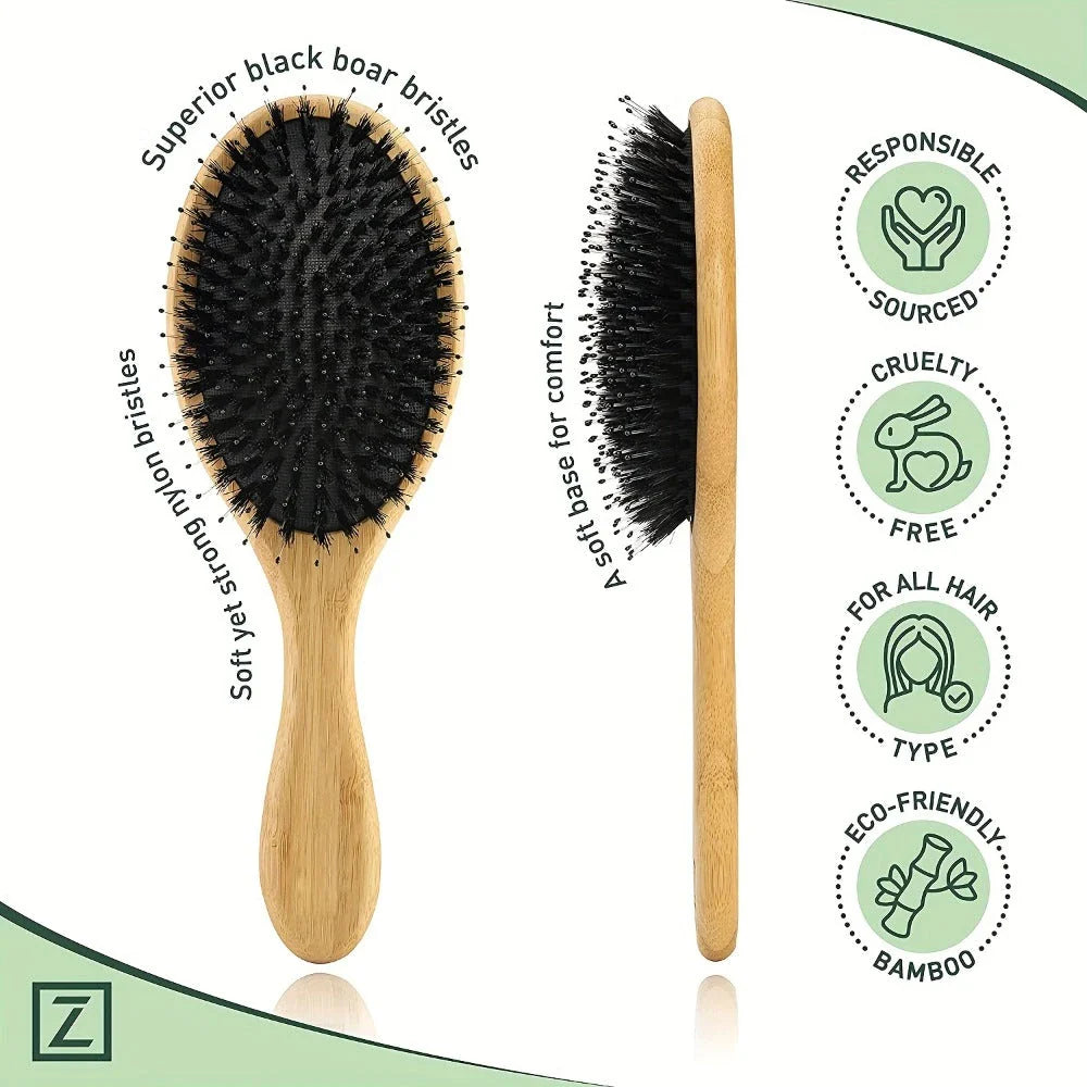 Natural Boar Bristle Hair Brush with Bamboo Handle for Detangling, Scalp Massage, and Frizz Control
