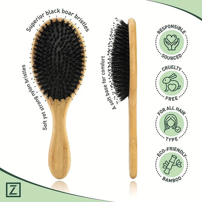 Natural Boar Bristle Hair Brush with Bamboo Handle for Detangling, Scalp Massage, and Frizz Control