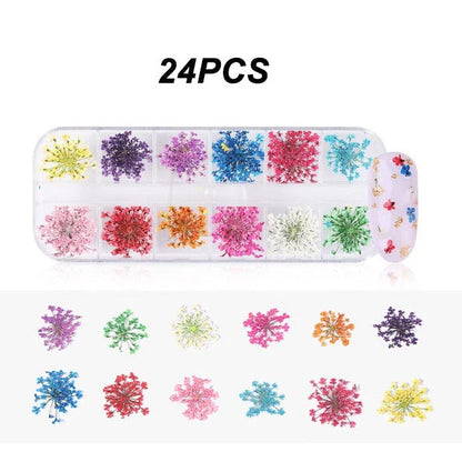 3D Dried Flower Nail Art Decorations Set featuring vibrant, real dried flowers for unique and elegant nail designs