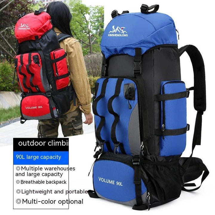 Premium outdoor hiking backpack made from water-resistant nylon with padded shoulder straps and multiple storage compartments.