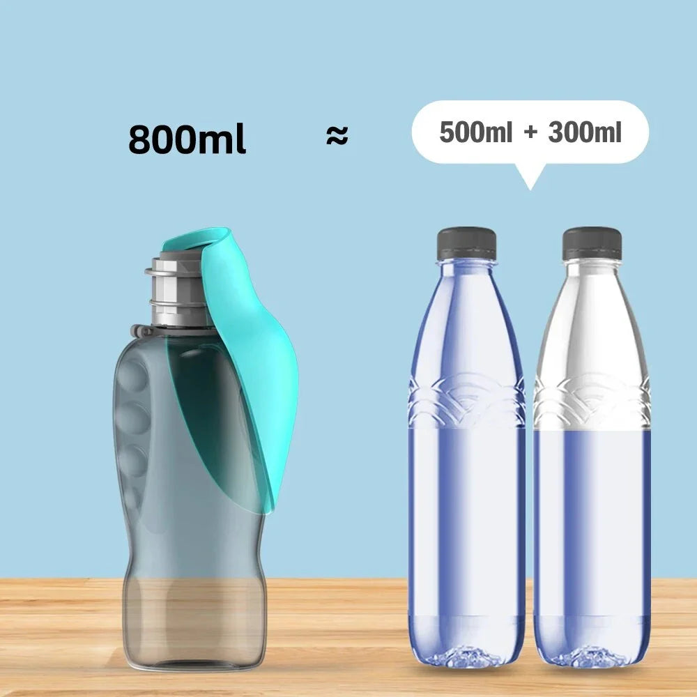 800ml high-capacity portable dog water bottle in blue, green, and pink colors for outdoor adventures