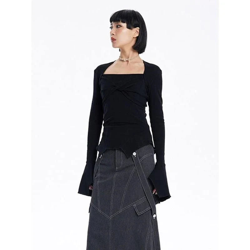Stylish square collar flared sleeve knit sweater for modern women in a variety of sizes