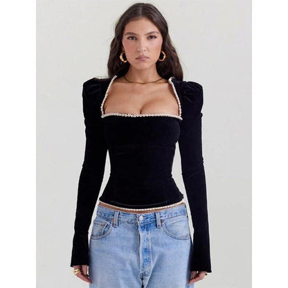 Chic backless square collar sexy t-shirt with shoulder pads, featuring a blend of sophistication and boldness for the modern woman