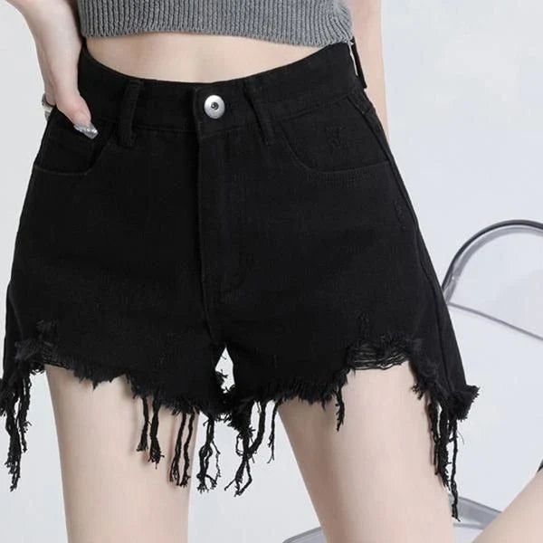Chic high-waisted black denim shorts with stylish button detailing for a flattering and comfortable look
