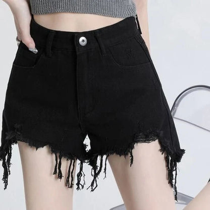 Chic high-waisted black denim shorts with stylish button detailing for a flattering and comfortable look