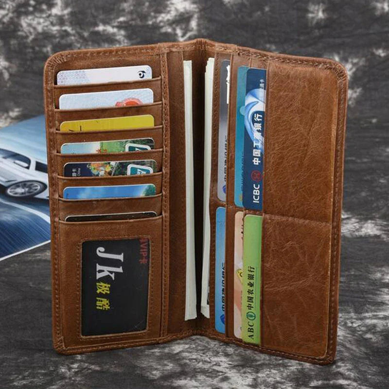 Premium retro-style cowhide leather wallet with hidden compartment, bill holder, change slot, and multiple card slots