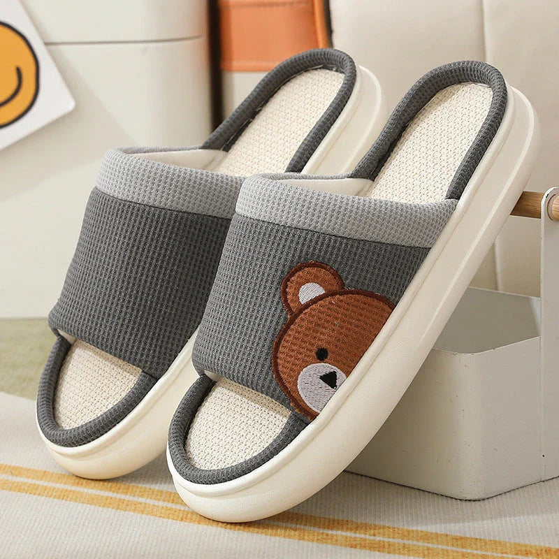 Cozy cartoon bear design linen slippers with non-slip, breathable sole for comfortable indoor wear