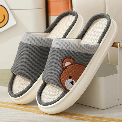 Cozy cartoon bear design linen slippers with non-slip, breathable sole for comfortable indoor wear