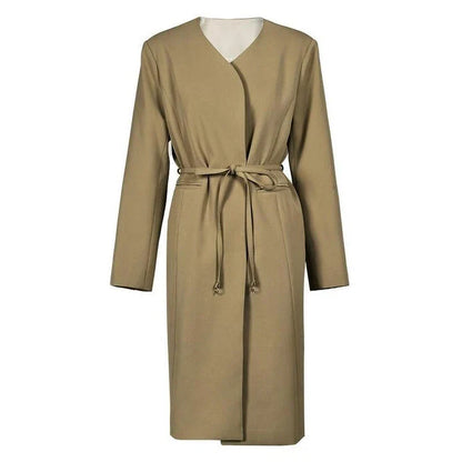Women's full-length trench coat with lace-up waist, turn-down collar, and elegant full sleeves