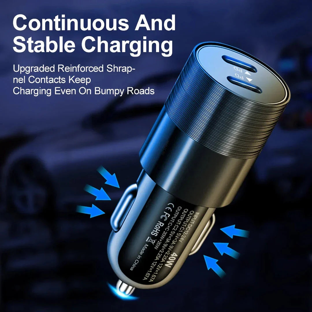 68W Dual USB-C Car Charger with lightning-fast charging capabilities and sleek, compact design