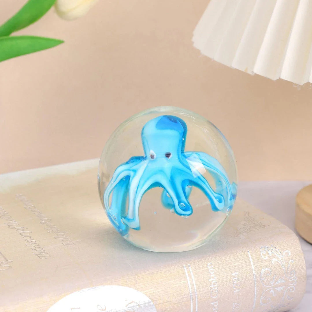 Handcrafted glass octopus decoration for windshield washer fluid, available in ocean blue and tea brown colors