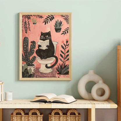 Charming black cat reading on a toilet, printed on a high-quality canvas poster for bathroom decor
