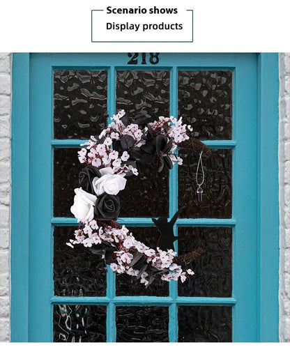 Halloween White Flower Black Rose Dried Wood Moon Cat Garland Ornaments