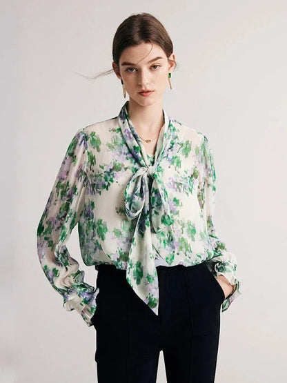 Elegant floral silk-blend bow collar blouse for professional women with a comfortable and flattering fit