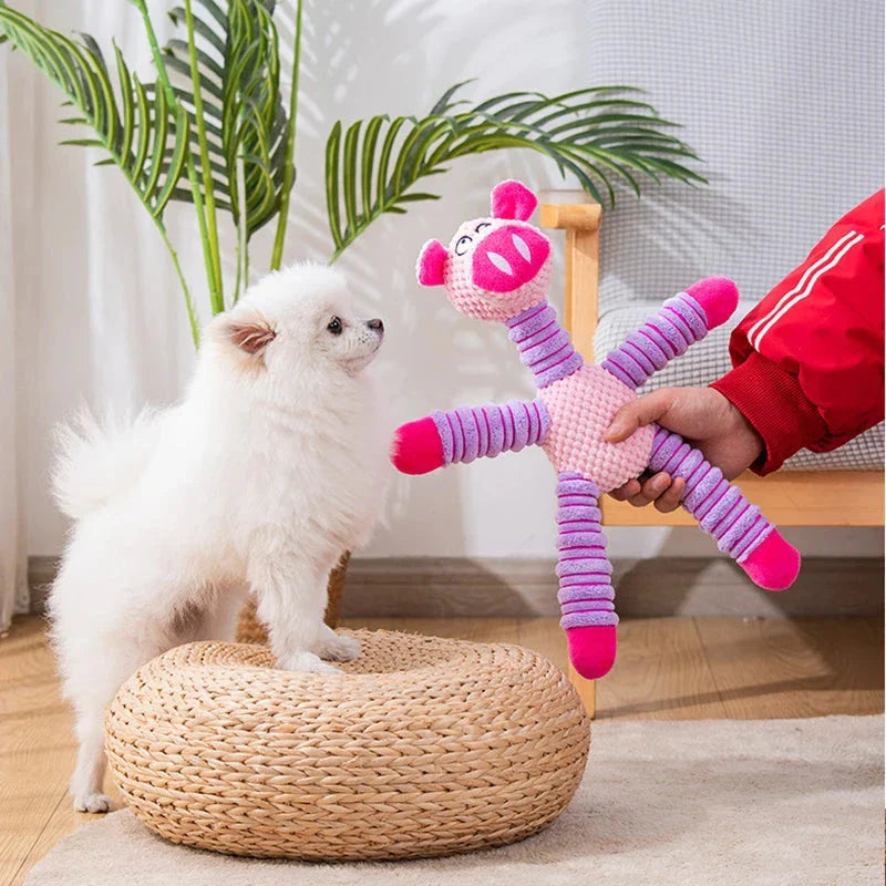 A high-quality plush pet toy with a squeaker, designed to be durable and promote dental health through interactive play.