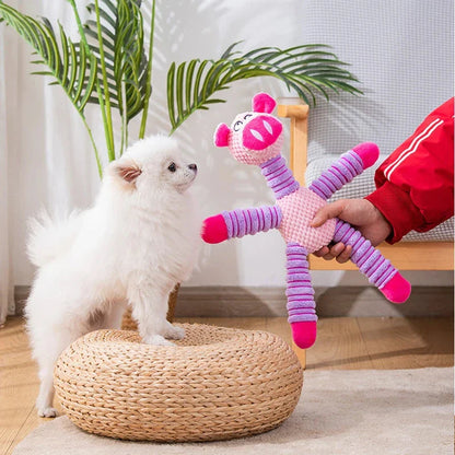 A high-quality plush pet toy with a squeaker, designed to be durable and promote dental health through interactive play.