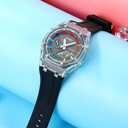 A durable, waterproof digital sports watch with LED lighting for easy reading in any conditions