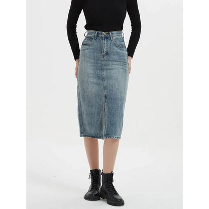 Chic and Comfortable High-Rise Denim Pencil Skirt with Flattering High-Waist Design and Versatile A-Line Silhouette