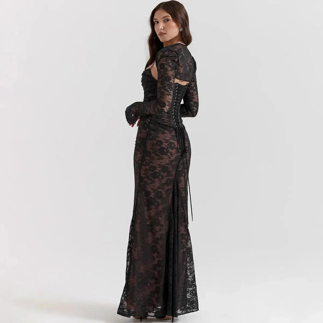 Elegant ivory lace 2-piece evening dress set with tie-up back and ankle-length silhouette