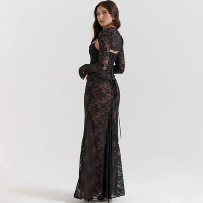 Elegant ivory lace 2-piece evening dress set with tie-up back and ankle-length silhouette
