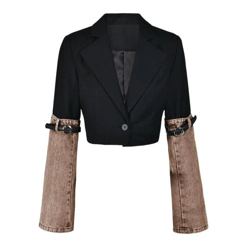 Stylish denim patchwork blazer with a unique design, perfect for autumn fashion