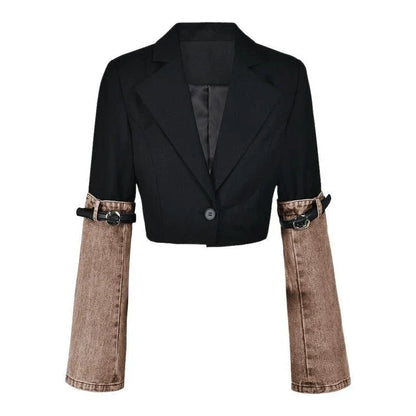 Stylish denim patchwork blazer with a unique design, perfect for autumn fashion