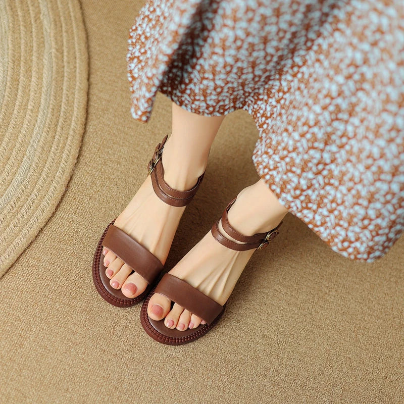 Elegant retro high heel leather sandals in khaki color with a sleek magic strap closure for a customized fit