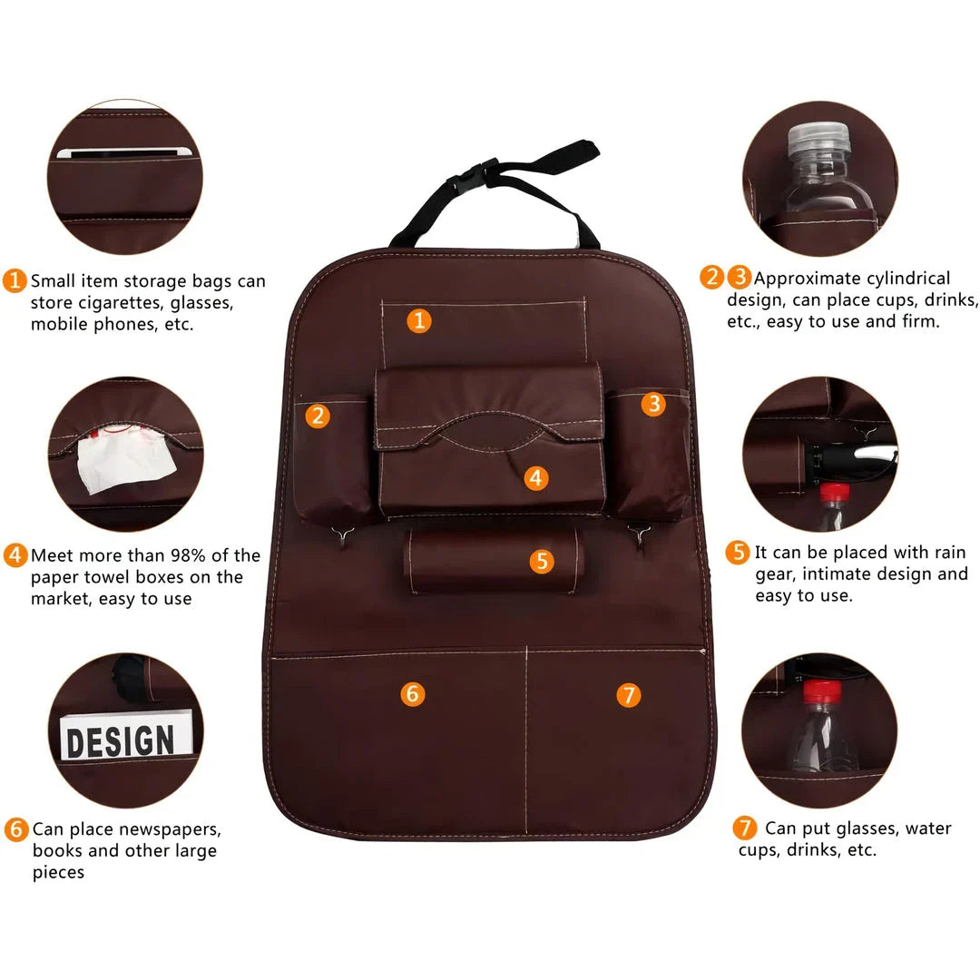Luxury multi-pocket leather car back seat organizer in various colors for improved organization and style in your vehicle