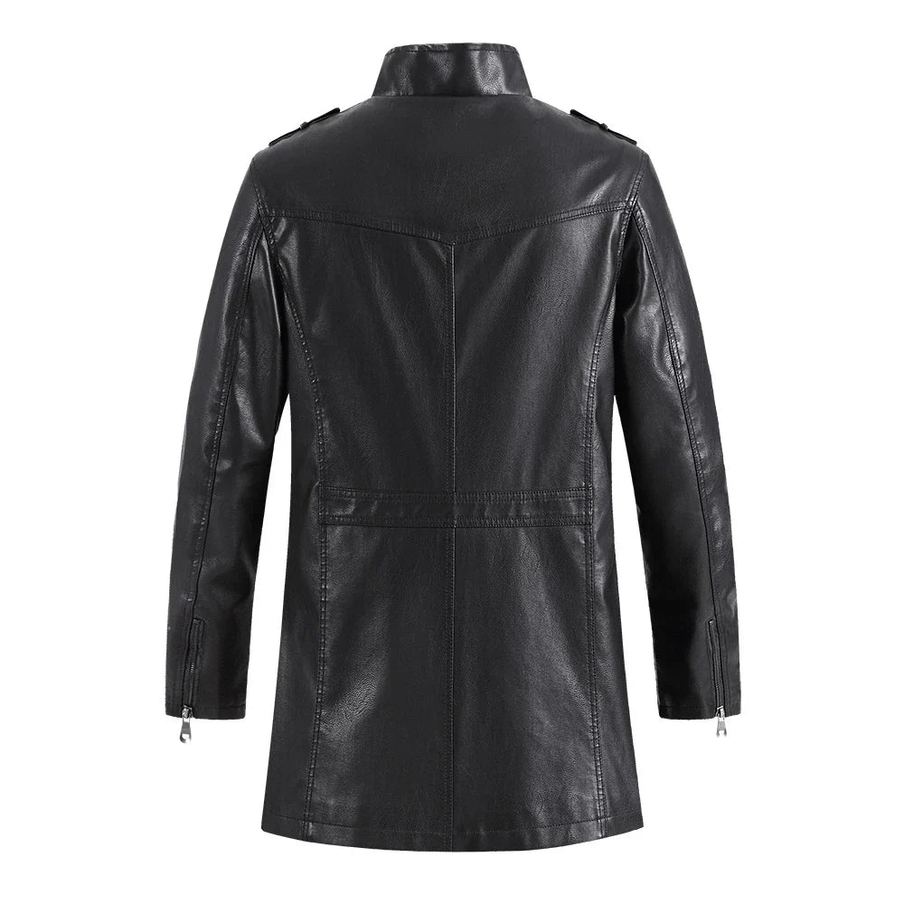 Fashionable standing collar plush leather jacket for men in black, brown, and light brown colors