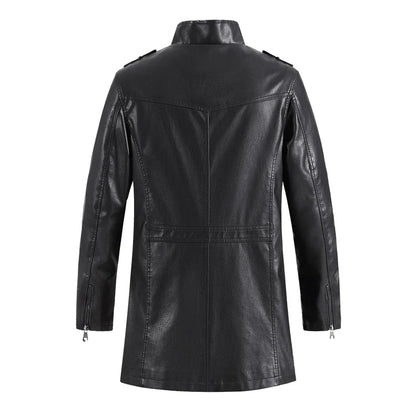 Fashionable standing collar plush leather jacket for men in black, brown, and light brown colors