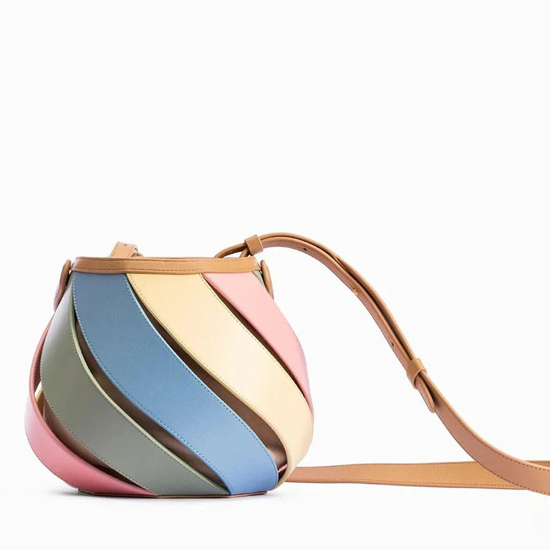 Colorful striped PU leather bucket handbag with adjustable strap and roomy interior
