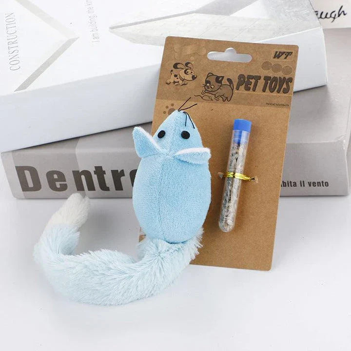 An orange long-tailed mouse-shaped teaser toy for cats, designed to captivate their attention and trigger natural hunting behaviors.