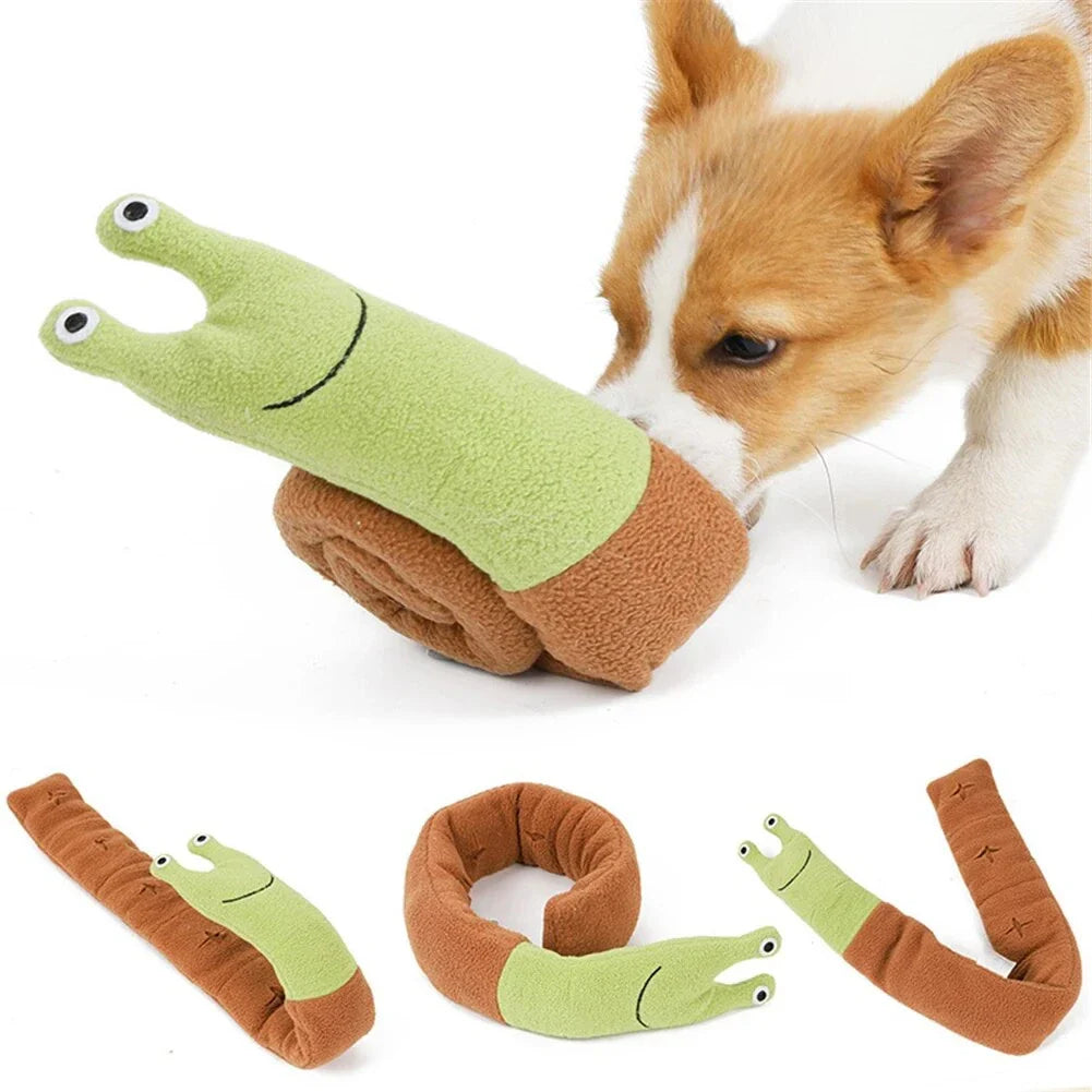Interactive plush snail-shaped snuffle mat toy with hidden treat pockets and sound generator for dogs