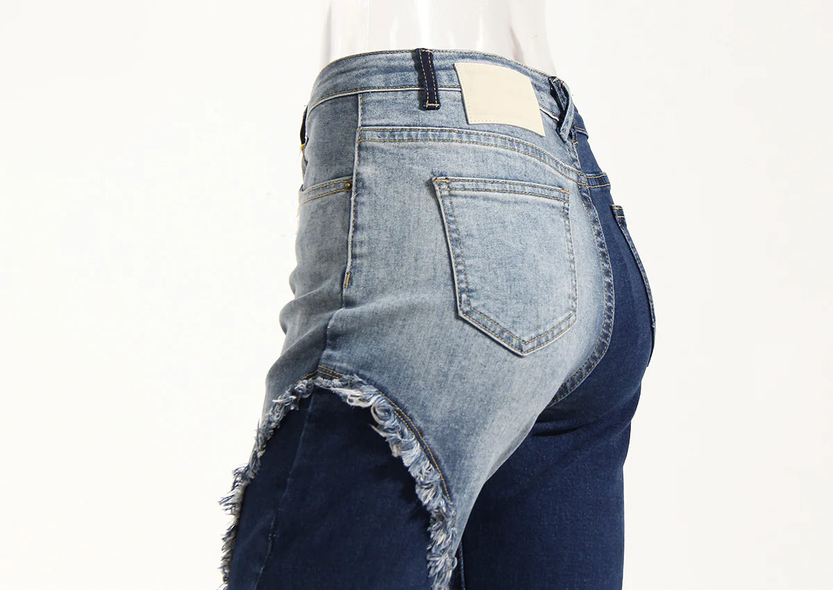 Geometric raw edge jeans with high-waisted, slimming design in blue denim