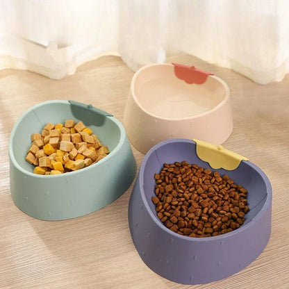 Cartoon-style pet bowl with anti-slip base, designed to provide comfort and reduce mess during mealtime for dogs and cats.