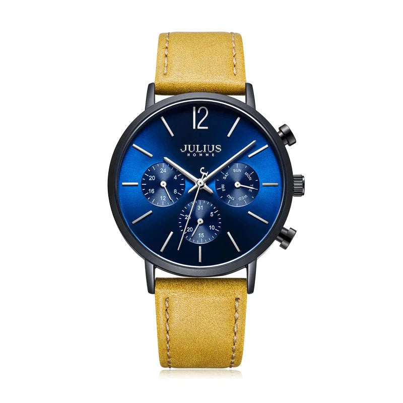 A sophisticated multi-function quartz watch with a sleek design, water-resistant construction, and versatile features.