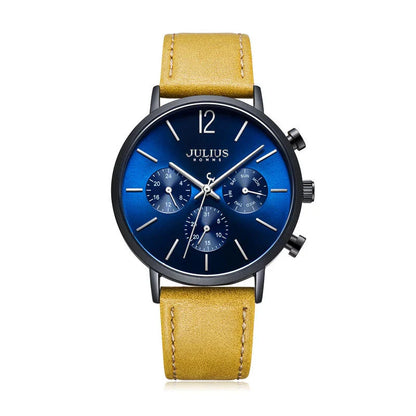 A sophisticated multi-function quartz watch with a sleek design, water-resistant construction, and versatile features.