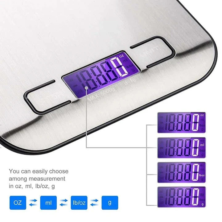 Precision digital kitchen scale with large LCD display, made of stainless steel and plastic for accurate meal preparation and cooking