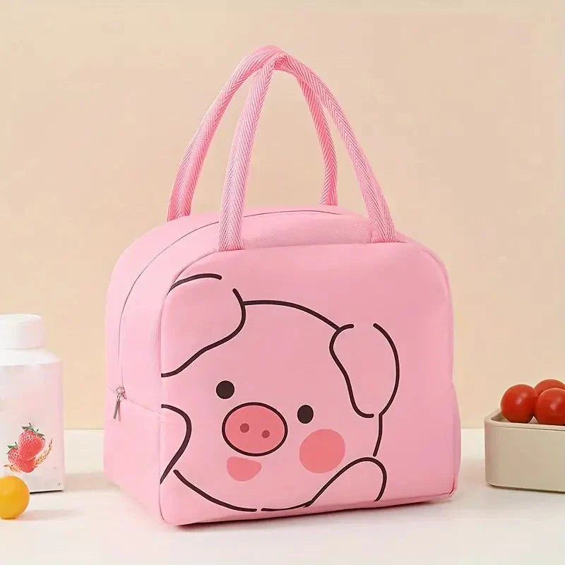 Insulated lunch box with cartoon animal designs, made of durable Oxford cloth material