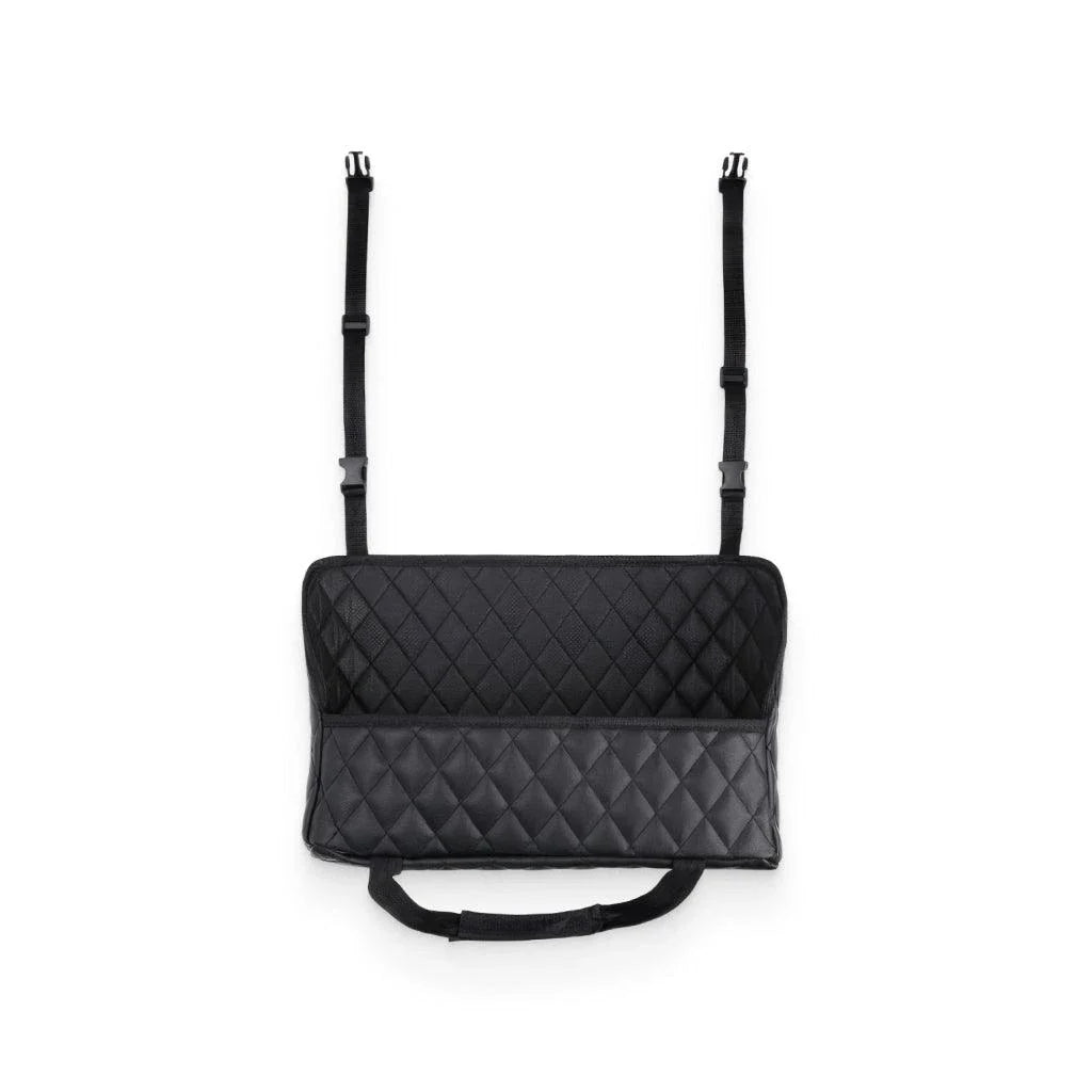 Quilted polyurethane leather car storage bag with adjustable straps for securing to front headrests