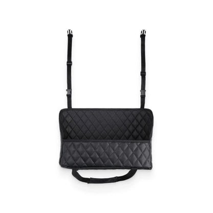 Quilted polyurethane leather car storage bag with adjustable straps for securing to front headrests