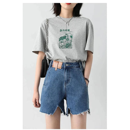Women's Retro Blue High-Waisted Denim Shorts with Irregularly Cut Design and Cuff Details