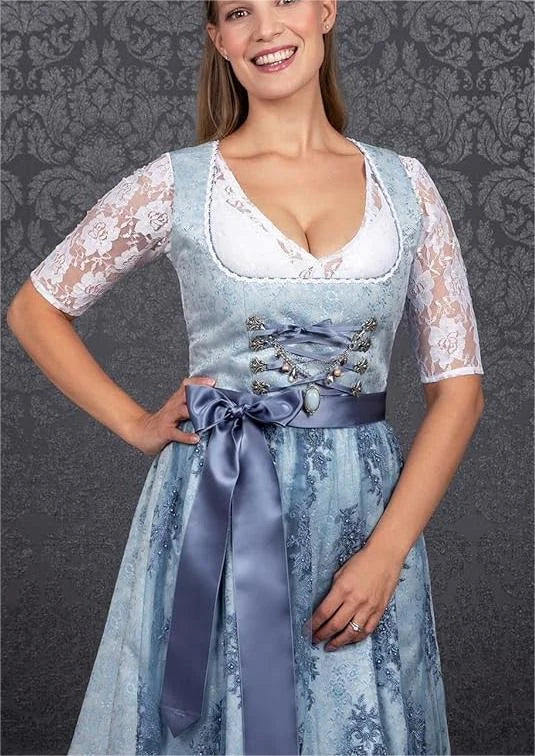 Bavarian-inspired 3-piece women's outfit with A-line skirt, pullover top, and jacquard pattern in sapphire blue color