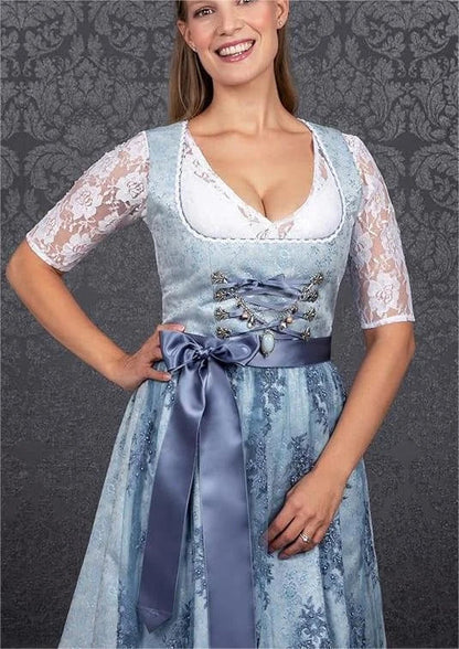 Bavarian-inspired 3-piece women's outfit with A-line skirt, pullover top, and jacquard pattern in sapphire blue color