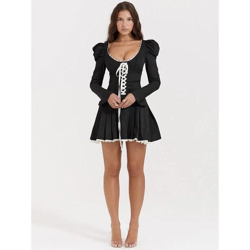 Elegant Puff Sleeve Lace Bandage Mini Dress with Flattering Square Collar and A-Line Skirt